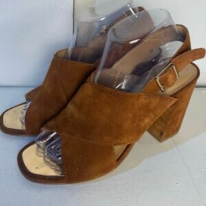 Aldo Womens Brown Faux Suede Block Heel Sling Back Gold Buckle Heel 9.5 Sandal